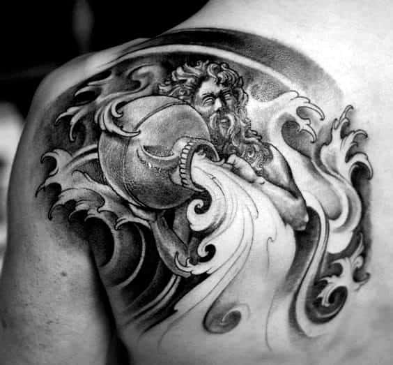 Shaded 3d Aquarius Shoulder Tattoos For Guys