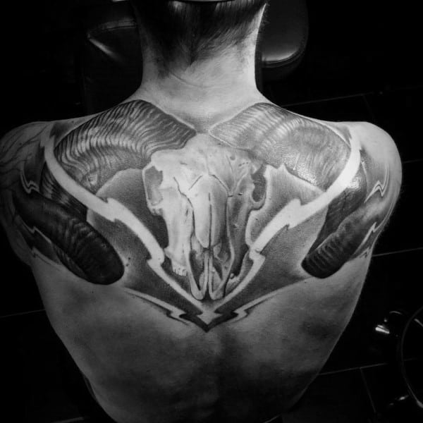 Shaded 3d Aries Ram Skull Back Tattoo On Male