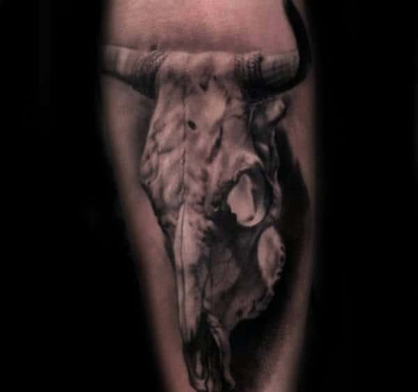 Shaded 3d Bull Skull Guys Tattoos On Arm