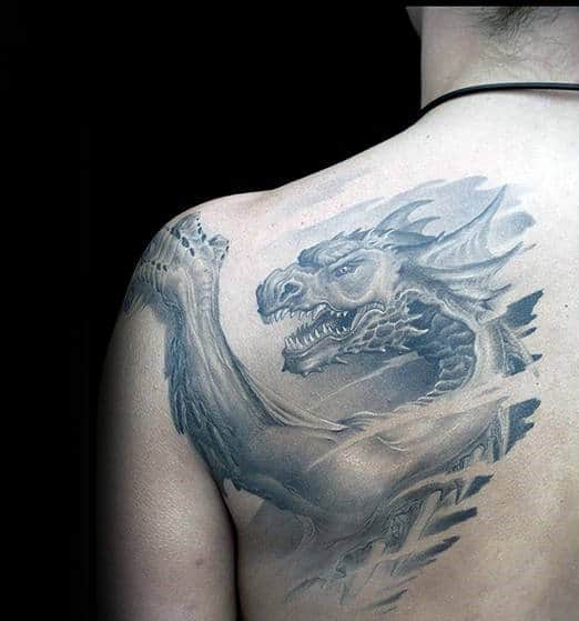 Shaded 3d Dragon Shoulder Blade Tattoos For Men
