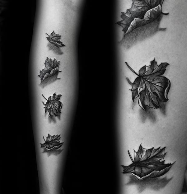 Shaded 3d Falling Leaves Fall Tattoo Ideas For Guys