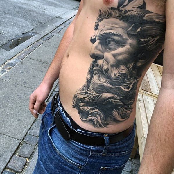 Shaded 3d Greek God Mens Badass Side Of Chest Tattoos