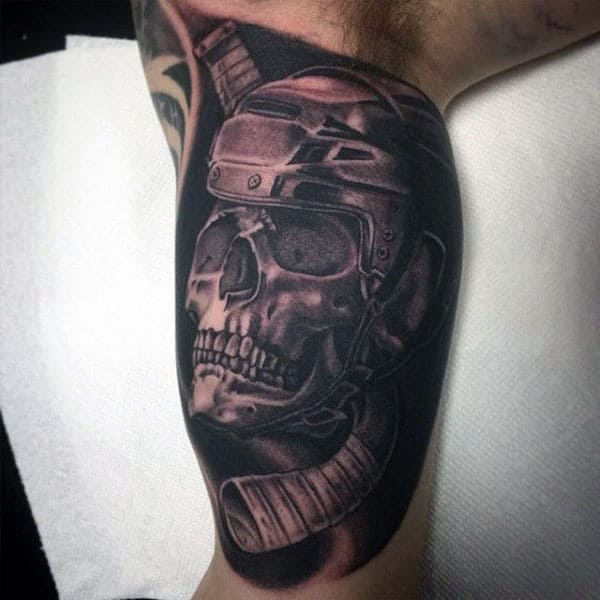 Shaded 3d Hockey Skull Guys Inner Arm Half Sleeve Tattoo