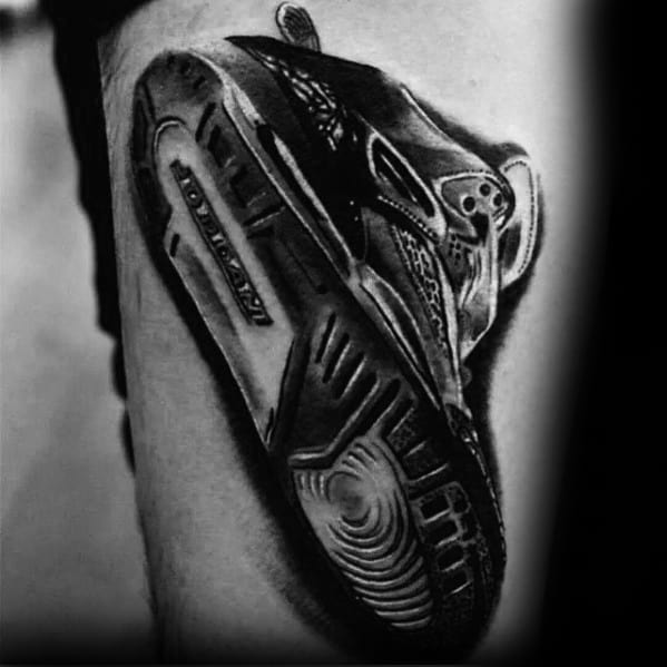 Shaded 3d Jordan Shoe Mens Thigh Tattoo Design Ideas
