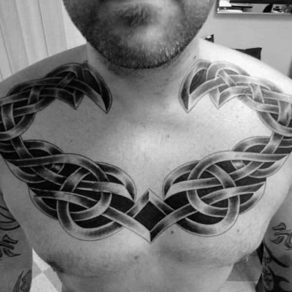 Shaded 3d Mens Upper Chest And Collarbone Celtic Knot Tattoos