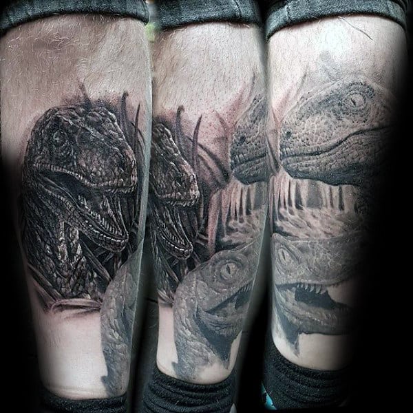 Shaded 3d Mens Velociraptor Leg Tattoos