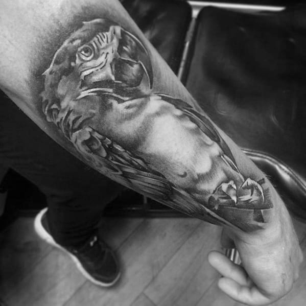 Shaded 3d Outer Forearm Awesome Black And Grey Ink Parrot Tattoos For Men