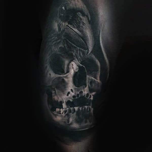 Shaded 3d Skull And Rose Guys Half Sleeve Tattoo Ideas