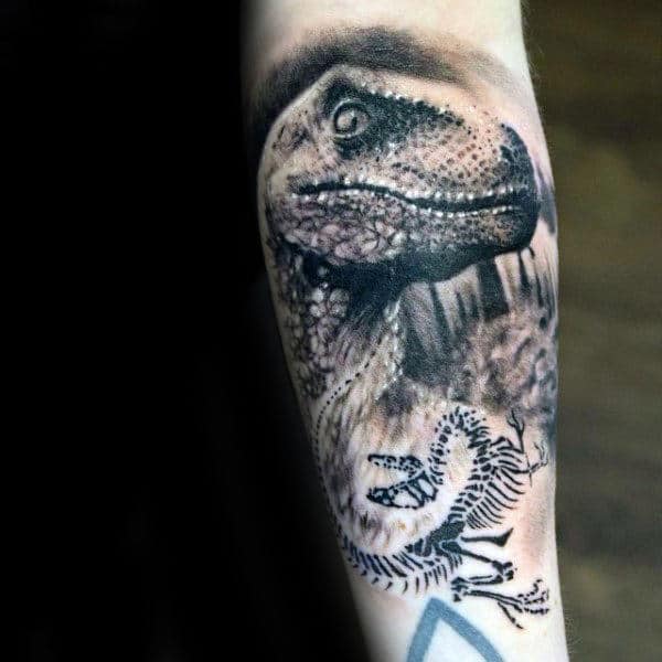 Shaded 3d Velociraptor With Skeleton Mens Inner Forearm Shaded Tattoos