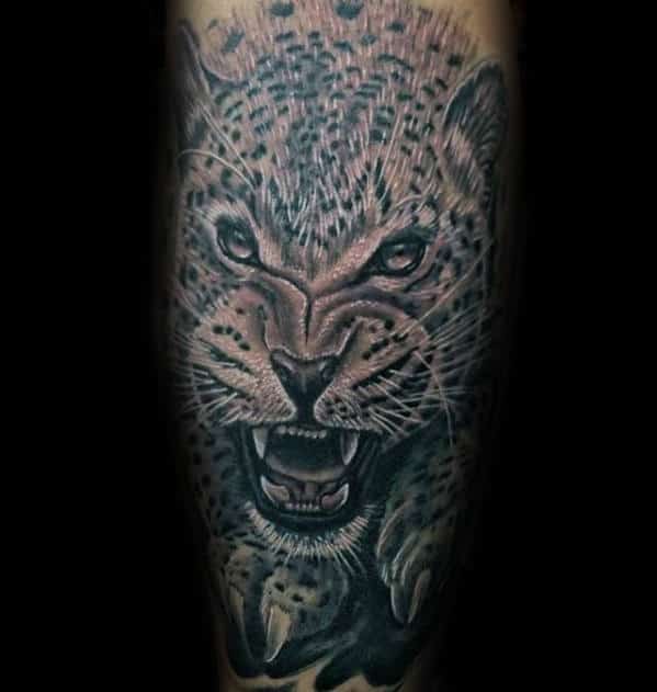 Shaded Agressive Cheetah Male Leg Tattoo Design Ideas