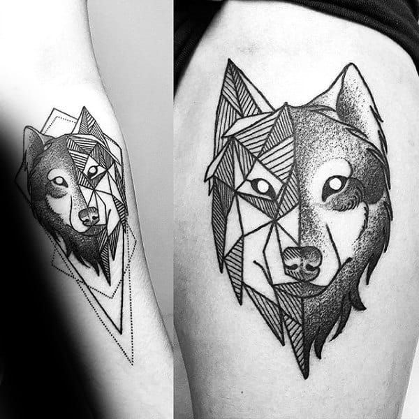 Shaded And Linework Geometric Wolf Mens Forearm Tattoo Inspiration