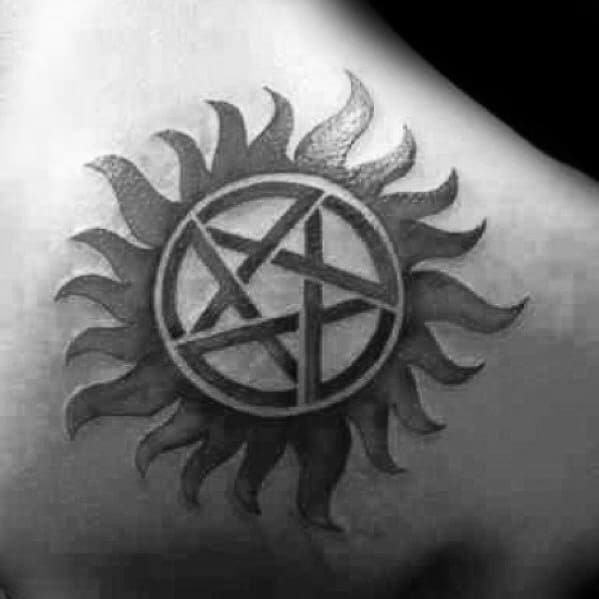 Shaded Anti Possession Guys Symbol Shoulder Tattoo