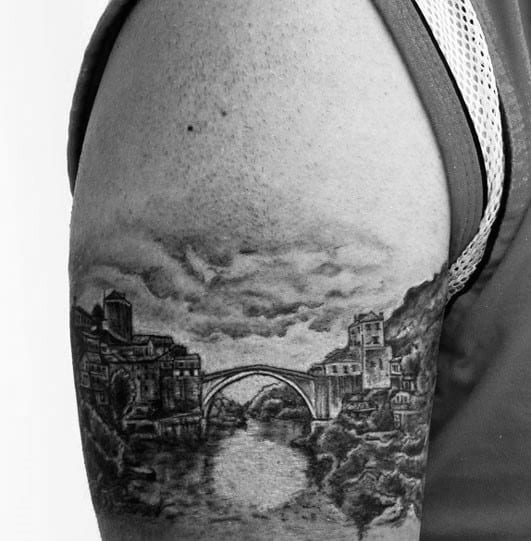 Shaded Arc Bridge Mens Arm Tattoo