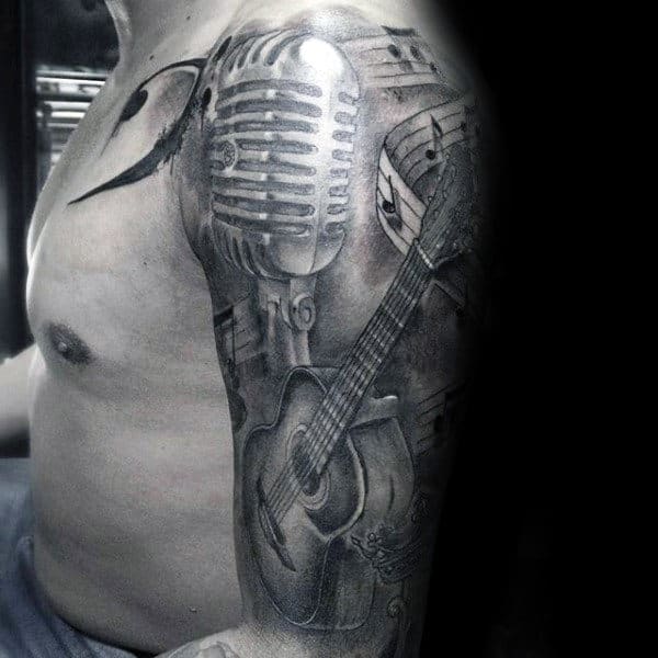 Shaded Awesome Guys Music Sleeve Black And Grey Ink Tattoos
