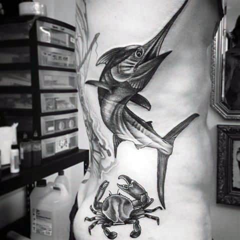 Shaded Back And Grey Ribs Marlin Tattoo Ideas For Males