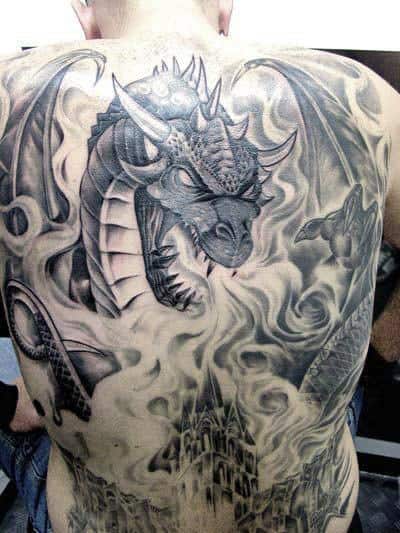 Shaded Back Dragon Blowing Flames Mens Tattoo Ideas