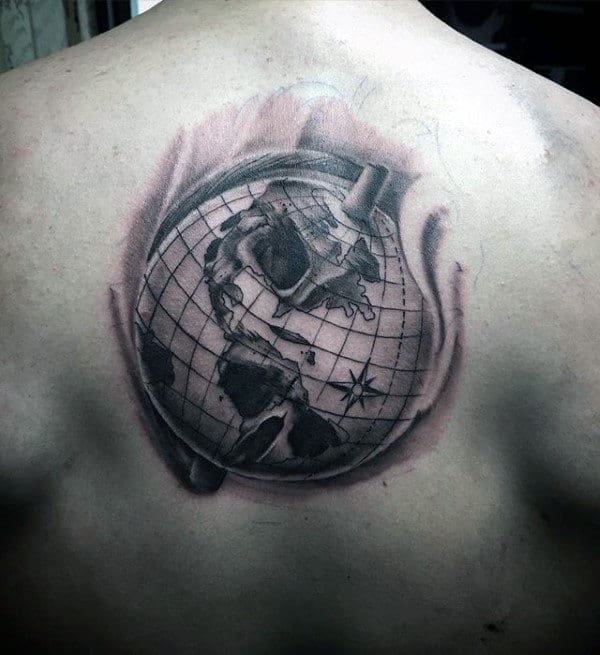 Shaded Back Globe With Skull Optical Illusion Mens Tattoos