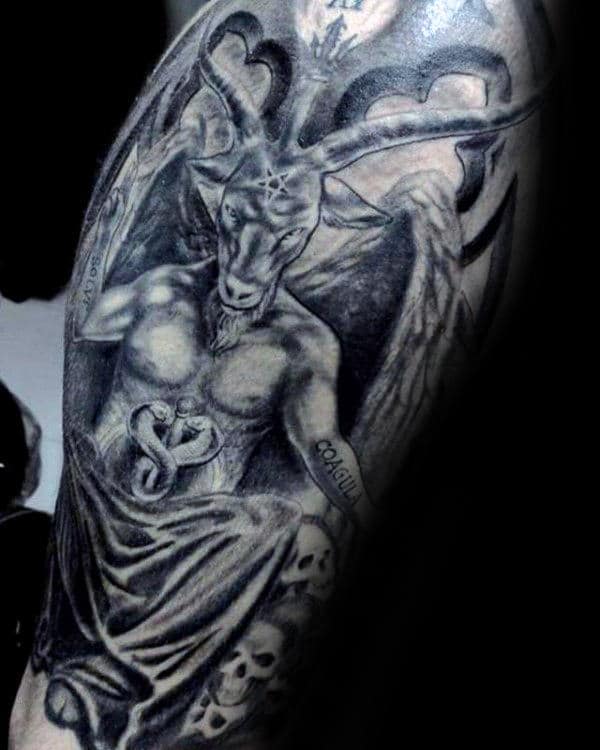 Shaded Baphomet Grey And Black With Skulls Mens Half Sleeve Tattoos