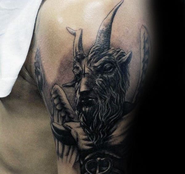 Shaded Baphomet Tattoo On Males Upper Arms