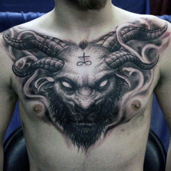 Shaded Baphomet Upper Chest Tattoos For Males
