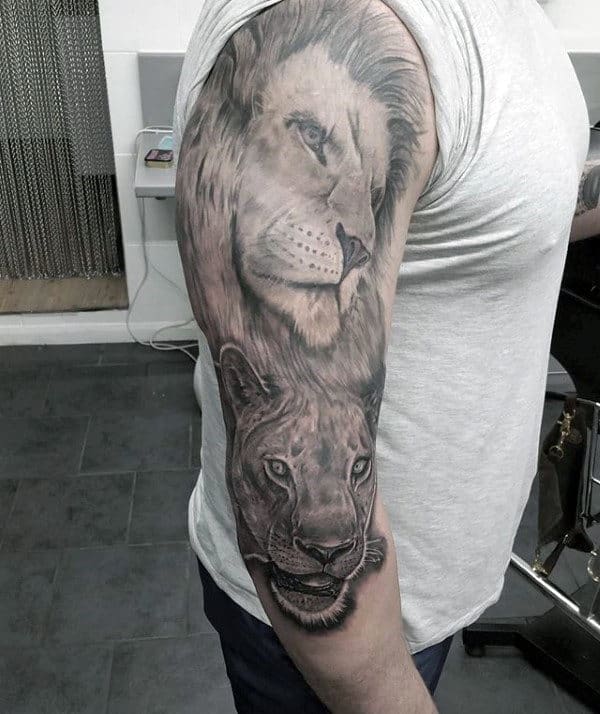 Shaded Big Cats Mens Lion Half Sleeve Tattoo Inspiration