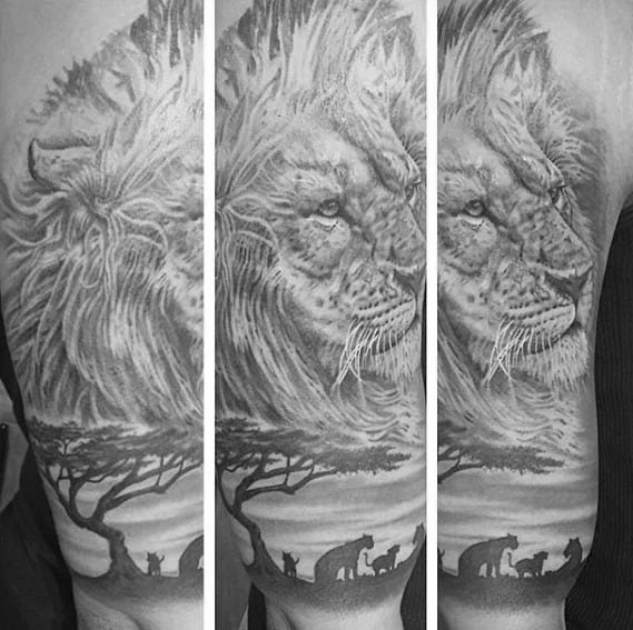 Shaded Black And Grey Africa Safari Lion Mens Half Sleeve Tattoo