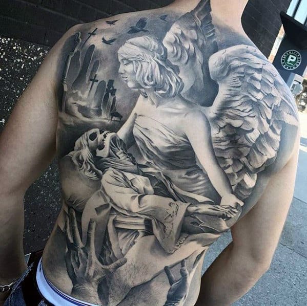 Shaded Black And Grey Angel Unbelievable Realistic 3d Tattoos For Men On Back