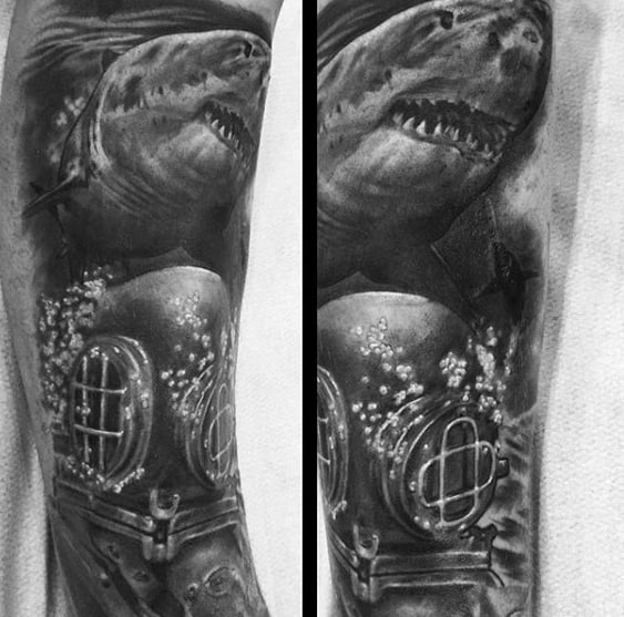 Shaded Black And Grey Arm Guys Diving Helmet Tattoo Design Ideas
