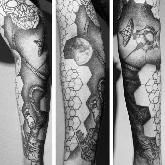 Shaded Black And Grey Arm Sleeve Manly Satellite Tattoo Design Ideas For Men