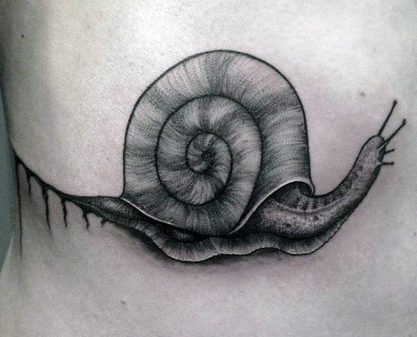 Shaded Black And Grey Back Guys Snail Tattoo