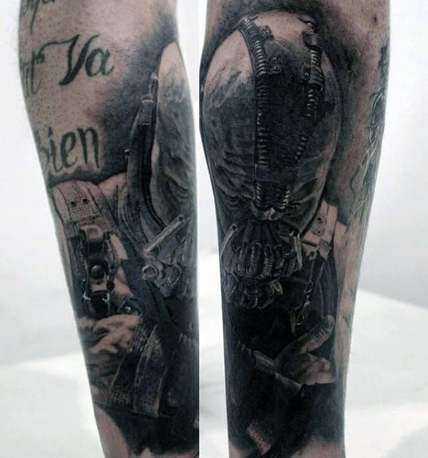 Shaded Black And Grey Bane Mens Forearm Tattoo Design Ideas