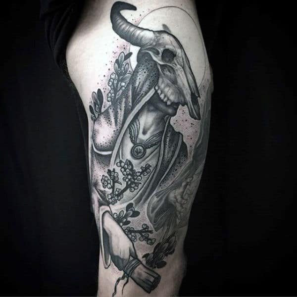 Shaded Black And Grey Bull Skull Arm Tattoo For Guys