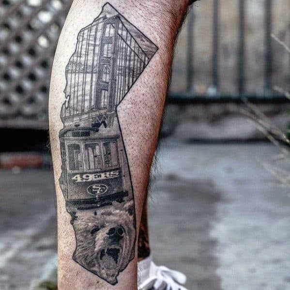 Shaded Black And Grey California State San Francisco 49ers Themed Mens Tattoo On Leg