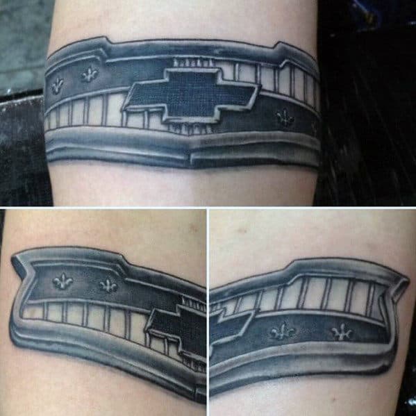 Shaded Black And Grey Chevy Car Grill Mens 3d Inner Forearm Tattoo