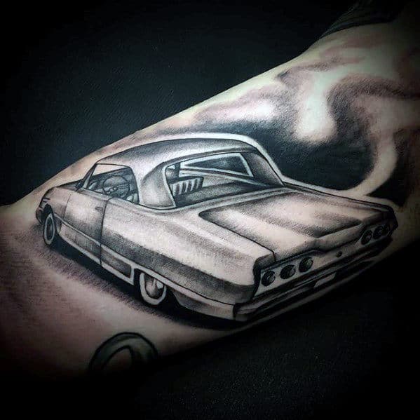 Shaded Black And Grey Chevy Coupe Mens Arm Tattoos