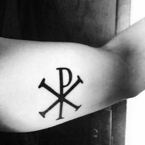 Shaded Black And Grey Chi Rho Male Alpha Omega Upper Chest Tattoos