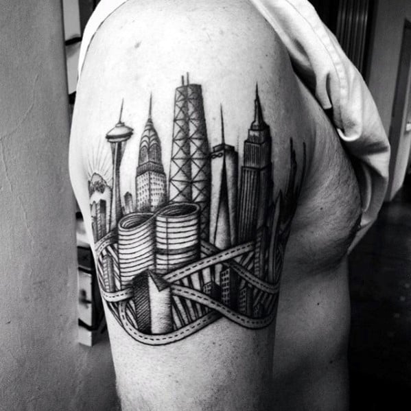 Shaded Black And Grey City Skyline Buildings Mens Arm Tattoo