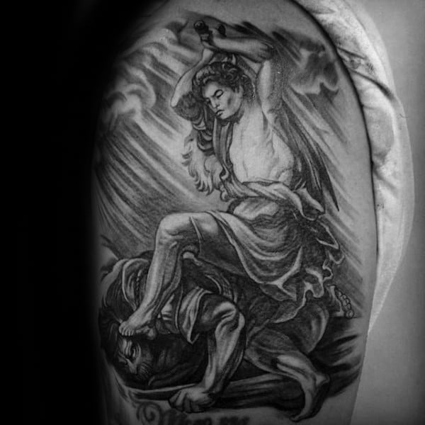 Shaded Black And Grey David And Goliath Quarter Sleeve Tattoos For Men