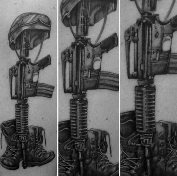 Shaded Black And Grey Fallen Soldier Cross Mens Arm Tattoo