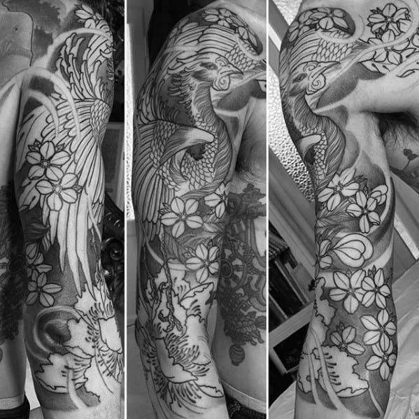 Shaded Black And Grey Floral Japanese Phoenix Half Sleeve Tattoo Designs For Men
