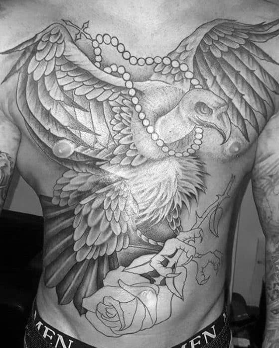 Shaded Black And Grey Flying Vulture With Rose Flower Mens Chest Tattoo