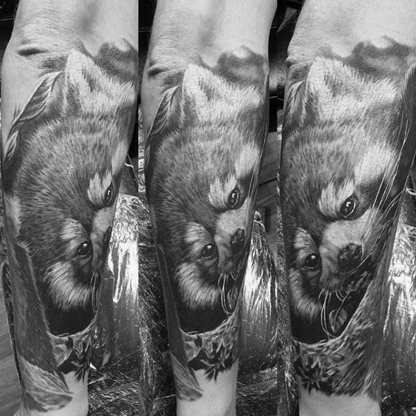 Shaded Black And Grey Forearm Sleeve Mens Red Panda Tattoo Design Ideas