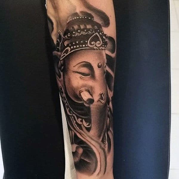 Shaded Black And Grey Ganesh Forearm Sleeve Tattoo Ideas