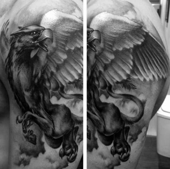 Shaded Black And Grey Griffin Arm Tattoo For Guys