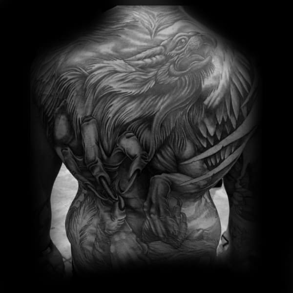 Shaded Black And Grey Griffin Full Back Mens Tattoos
