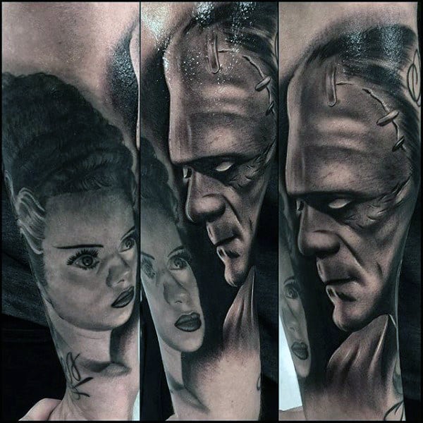 Shaded Black And Grey Guys Frankenstein Forearm Sleeve Tattoo
