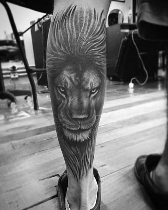 Shaded Black And Grey Guys Lion Leg Tattoo Ideas