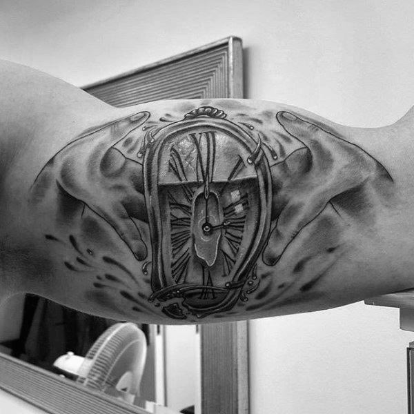 Shaded Black And Grey Guys Melting Clock Inner Arm Bicep Tattoo