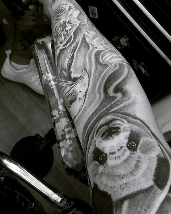 Shaded Black And Grey Guys Sleeve Panda Tattoo