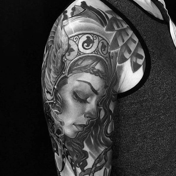 Shaded Black And Grey Heavily Shaded Arm Cool Valkyrie Tattoo Design Norse Mythology Ideas For Male